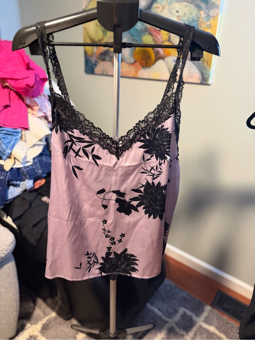 Dusty Lavender Satin Cami with Black Lace Trim